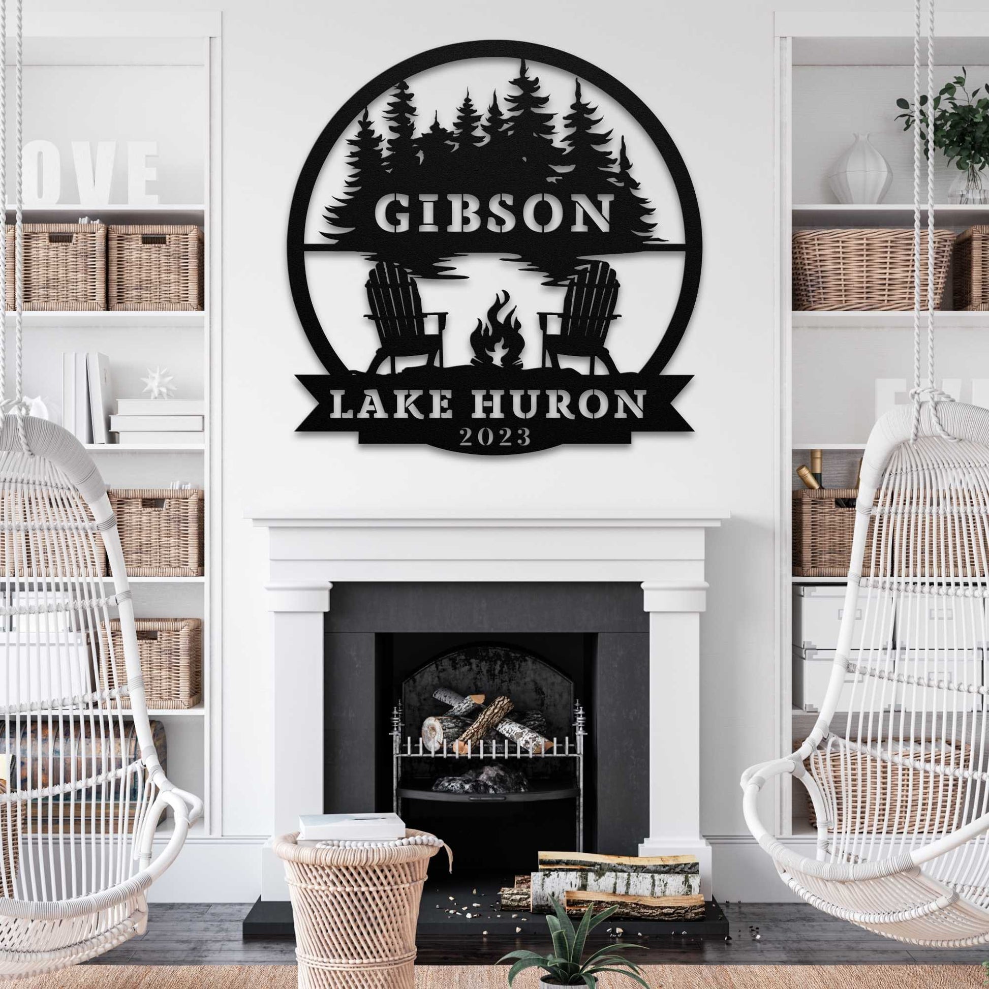 Lake Huron Campfire and Adirondack Chairs Custom Round Family Name Sign