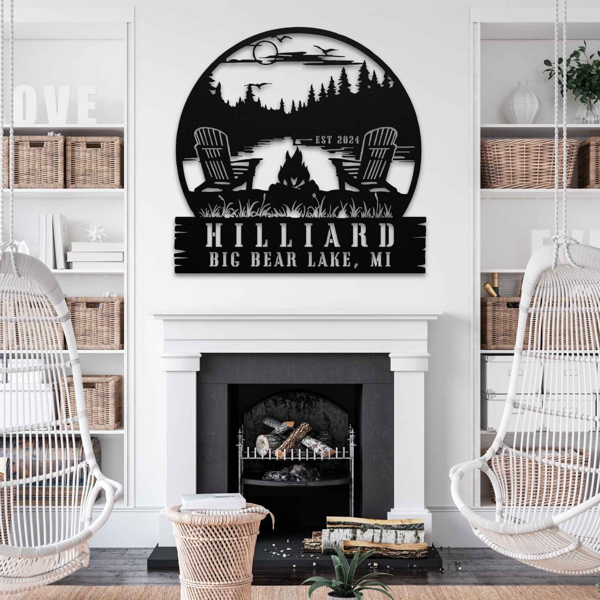 Campfire by the Lake Round and Log Custom Family Name Sign