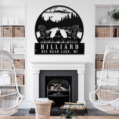 Campfire by the Lake Round and Log Custom Family Name Sign