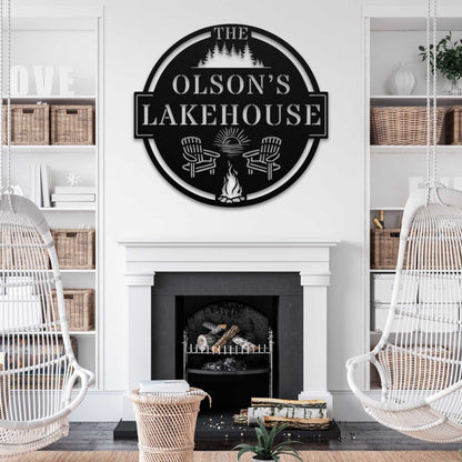 Family Lakehouse Tree Line and Sunset Fire Custom Sign
