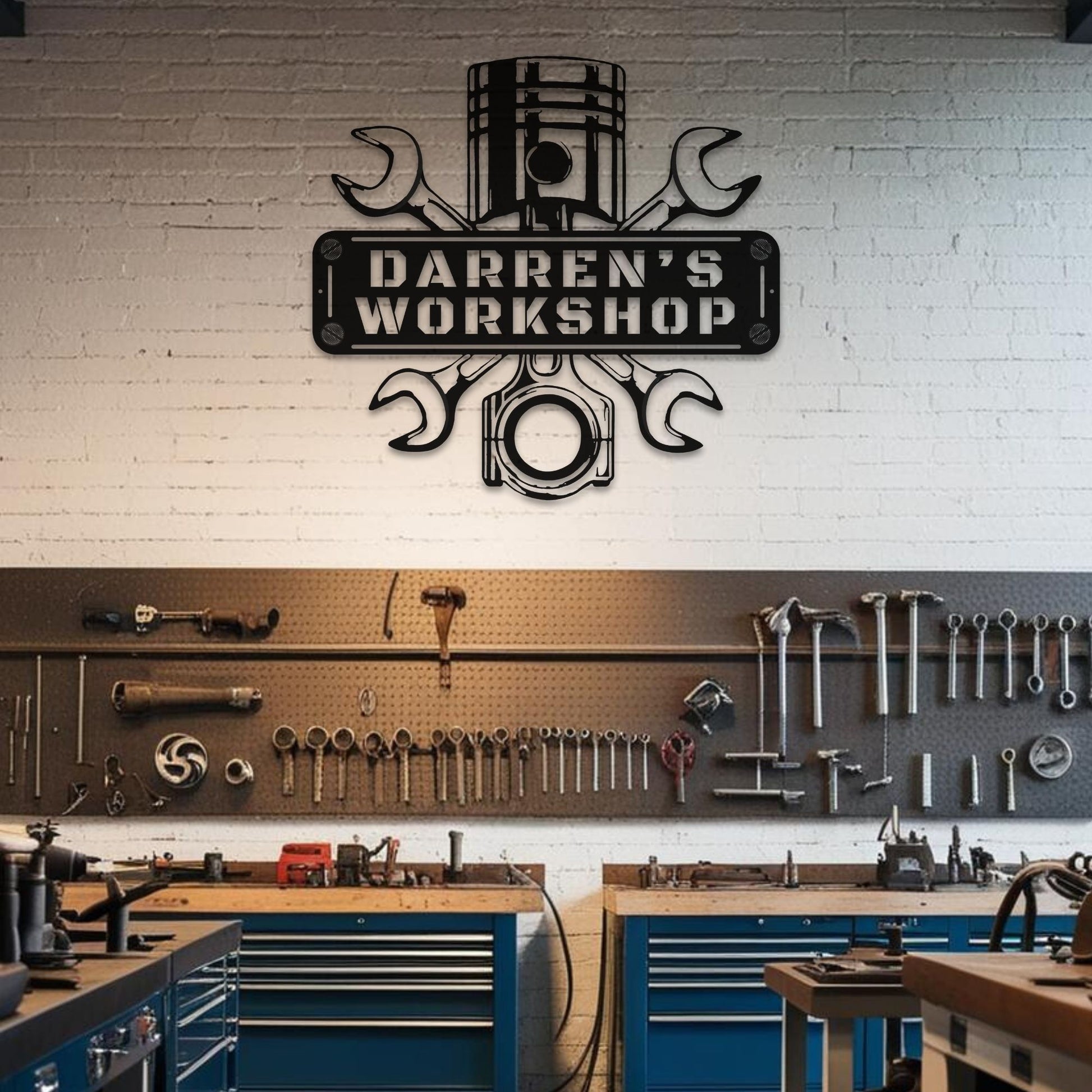 Unique gear and wrench design on a custom mechanic workshop metal sign