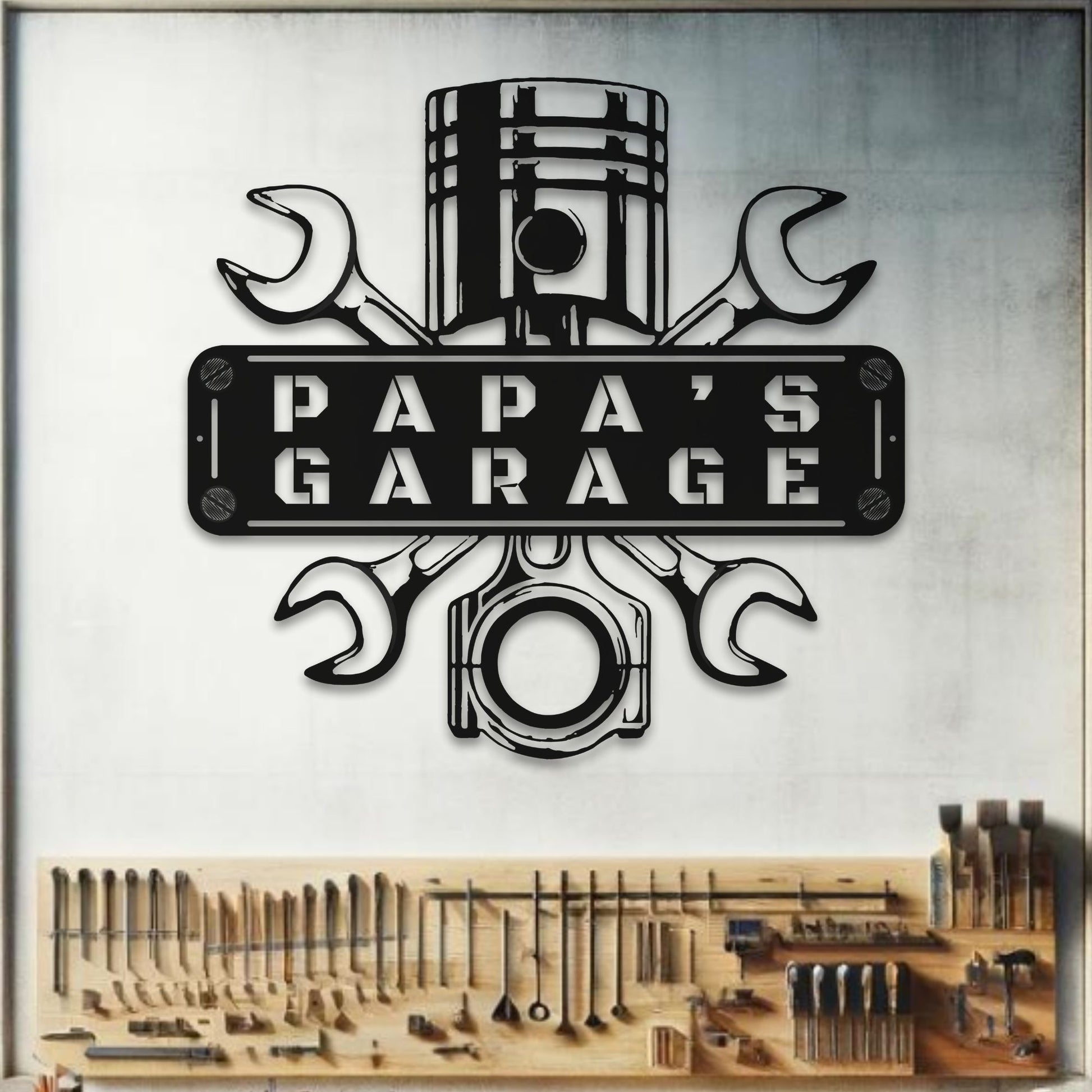 Detailed view of the laser-cut metal mechanic sign showing precision craftsmanship