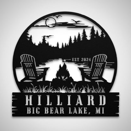 Campfire by the Lake Round and Log Custom Family Name Sign